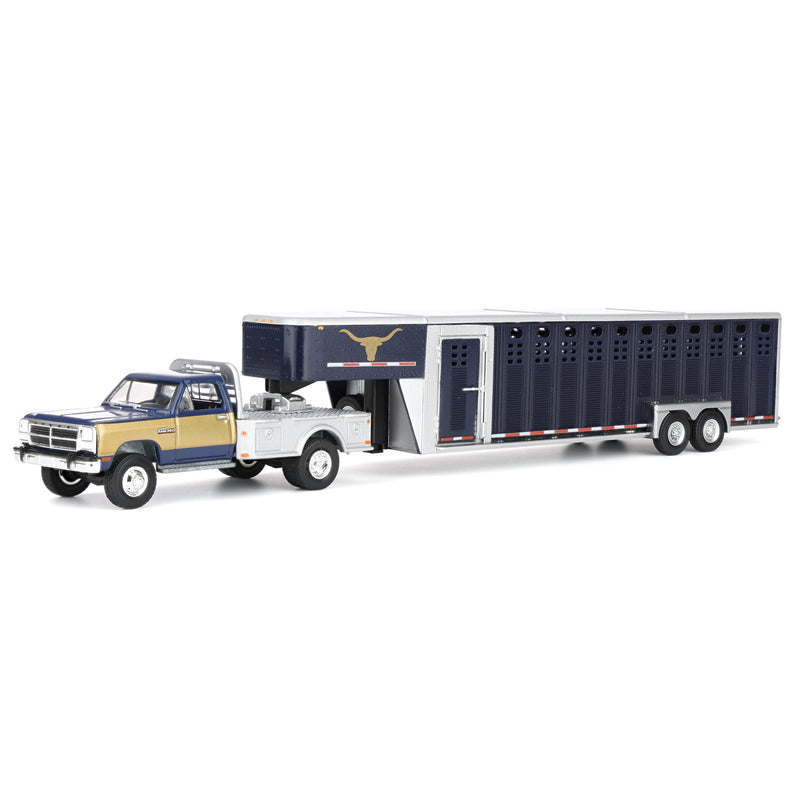 1/64 1992 Navy & Gold 1st Gen Dodge Ram Dually Flatbed Truck with Navy Gooseneck Livestock Trailer, OBT Exclusive