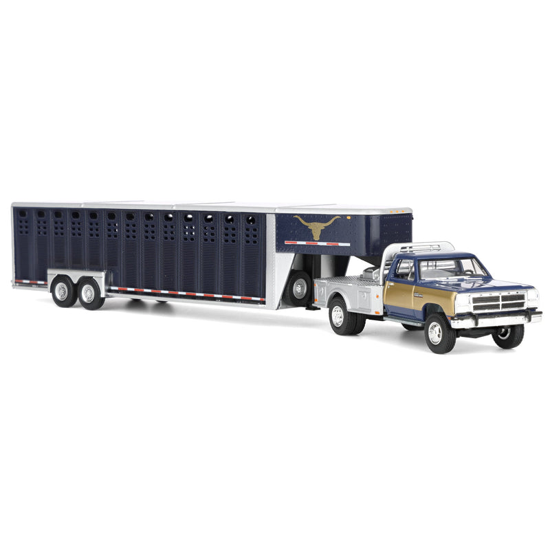 1/64 1992 Navy & Gold 1st Gen Dodge Ram Dually Flatbed Truck with Navy Gooseneck Livestock Trailer, OBT Exclusive