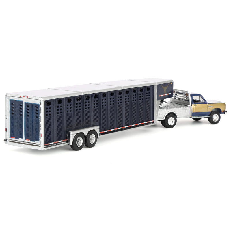 1/64 1992 Navy & Gold 1st Gen Dodge Ram Dually Flatbed Truck with Navy Gooseneck Livestock Trailer, OBT Exclusive