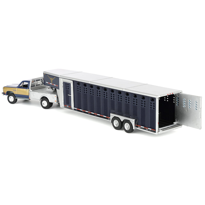 1/64 1992 Navy & Gold 1st Gen Dodge Ram Dually Flatbed Truck with Navy Gooseneck Livestock Trailer, OBT Exclusive