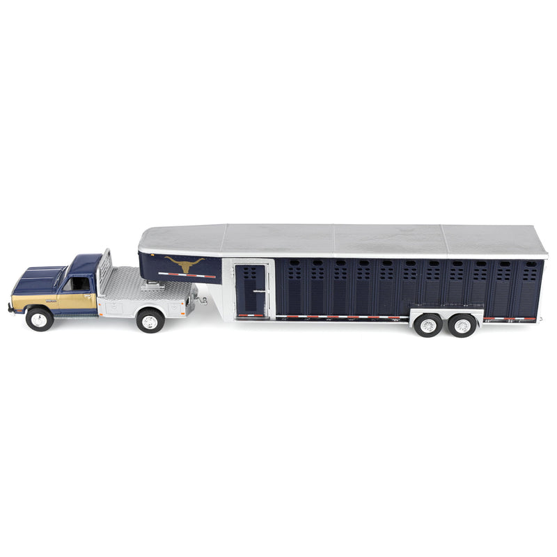 1/64 1992 Navy & Gold 1st Gen Dodge Ram Dually Flatbed Truck with Navy Gooseneck Livestock Trailer, OBT Exclusive