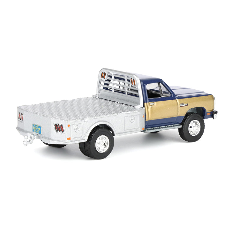 1/64 1992 Navy & Gold 1st Gen Dodge Ram Dually Flatbed Truck with Navy Gooseneck Livestock Trailer, OBT Exclusive