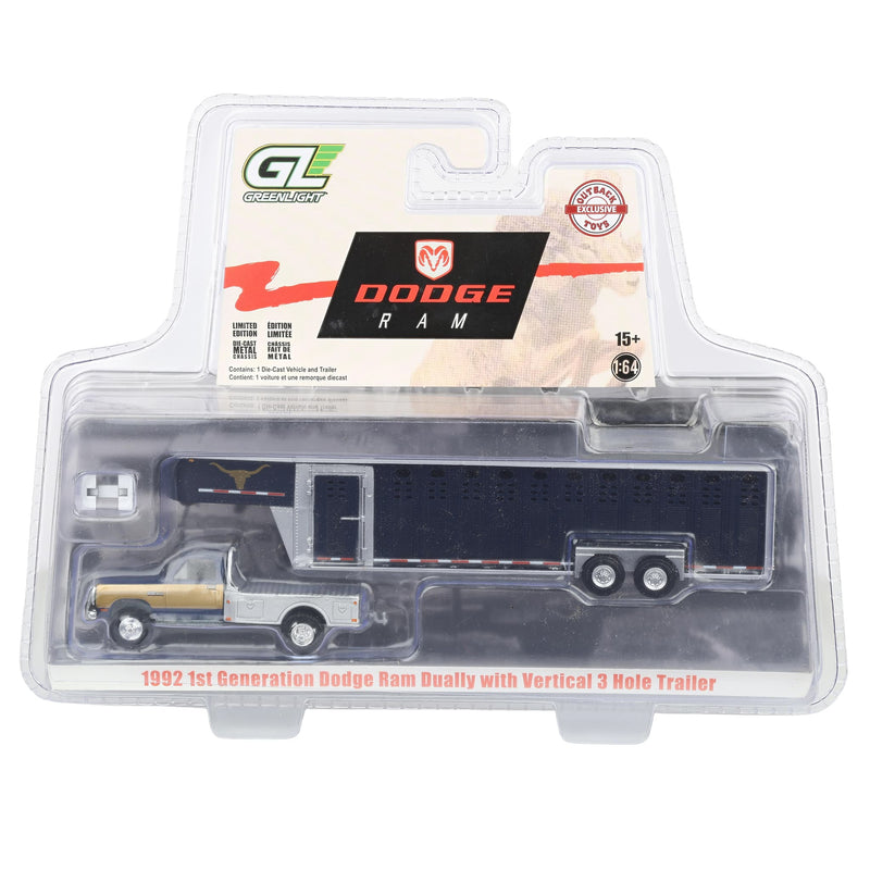 1/64 1992 Navy & Gold 1st Gen Dodge Ram Dually Flatbed Truck with Navy Gooseneck Livestock Trailer, OBT Exclusive