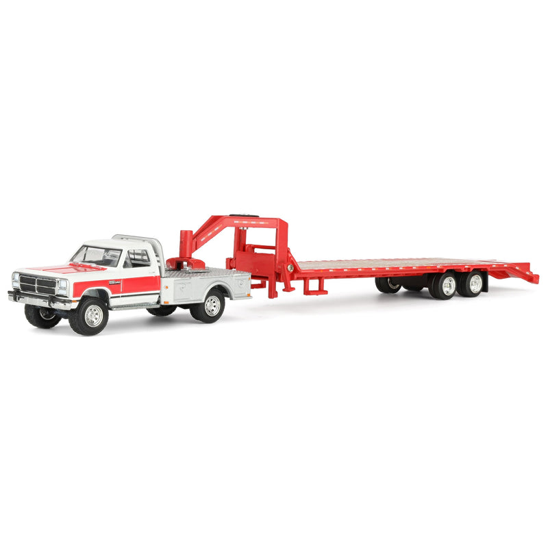 1/64 1992 White & Red 1st Gen Dodge Ram Dually Flatbed with Red Gooseneck Flatbed Trailer, OBT Exclusive