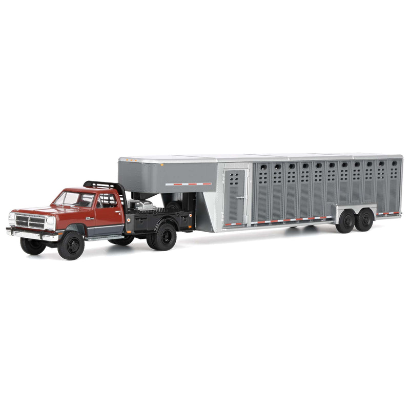 1/64 1992 Maroon & Charcoal 1st Gen Dodge Ram Dually Flatbed Truck with Charcoal Gooseneck Livestock Trailer, OBT Exclusive