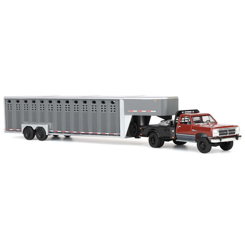1/64 1992 Maroon & Charcoal 1st Gen Dodge Ram Dually Flatbed Truck with Charcoal Gooseneck Livestock Trailer, OBT Exclusive