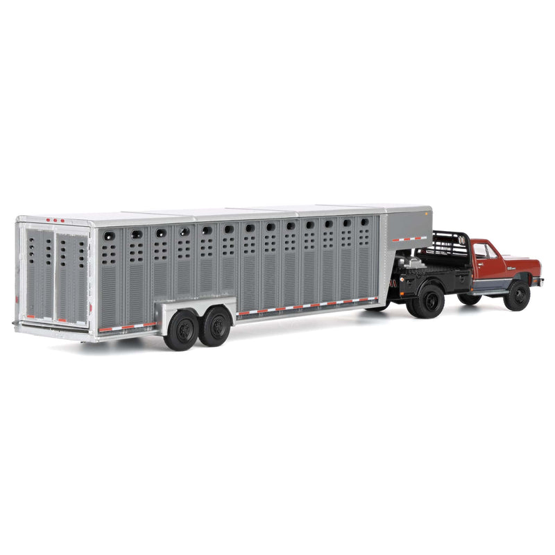 1/64 1992 Maroon & Charcoal 1st Gen Dodge Ram Dually Flatbed Truck with Charcoal Gooseneck Livestock Trailer, OBT Exclusive