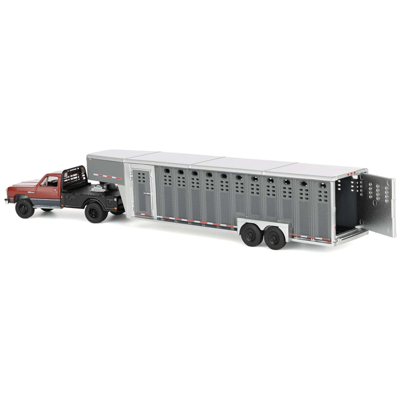 1/64 1992 Maroon & Charcoal 1st Gen Dodge Ram Dually Flatbed Truck with Charcoal Gooseneck Livestock Trailer, OBT Exclusive