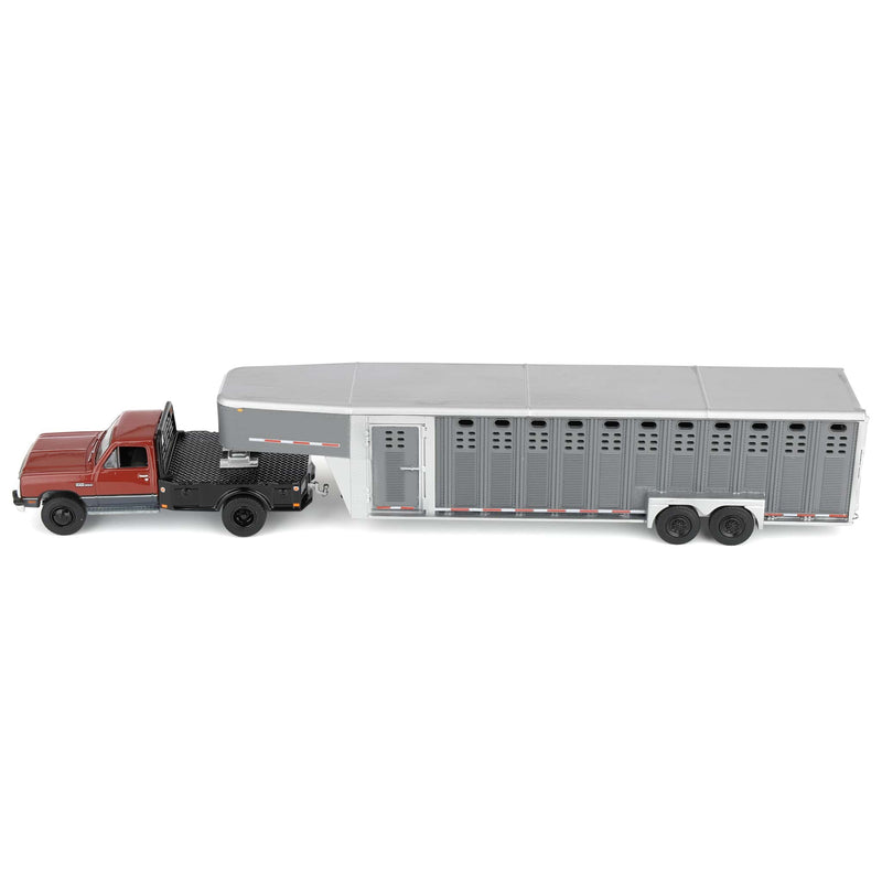 1/64 1992 Maroon & Charcoal 1st Gen Dodge Ram Dually Flatbed Truck with Charcoal Gooseneck Livestock Trailer, OBT Exclusive