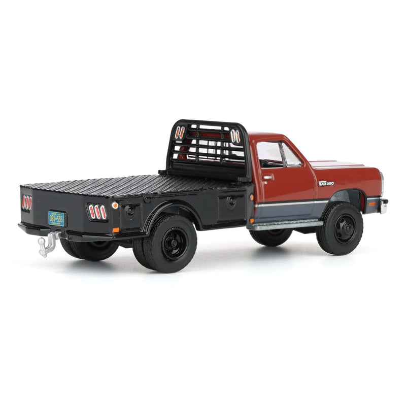 1/64 1992 Maroon & Charcoal 1st Gen Dodge Ram Dually Flatbed Truck with Charcoal Gooseneck Livestock Trailer, OBT Exclusive