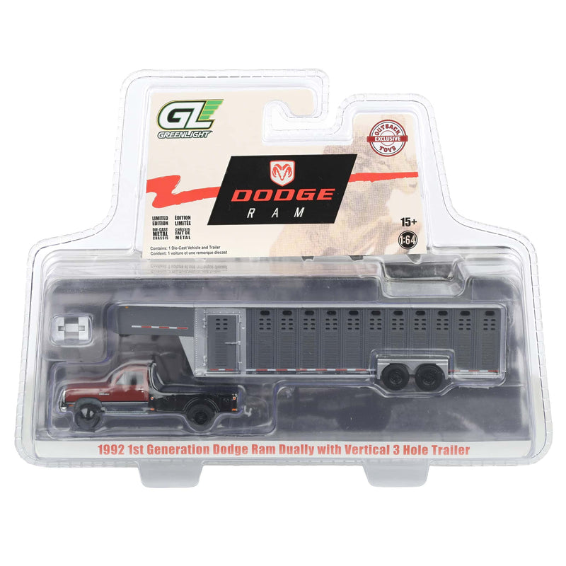 1/64 1992 Maroon & Charcoal 1st Gen Dodge Ram Dually Flatbed Truck with Charcoal Gooseneck Livestock Trailer, OBT Exclusive