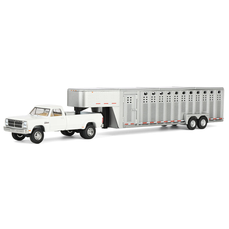 1/64 1993 White Dodge Ram W-350 with Toolbox & Silver Vertical 3-Hole Livestock Trailer, OBT Exclusive