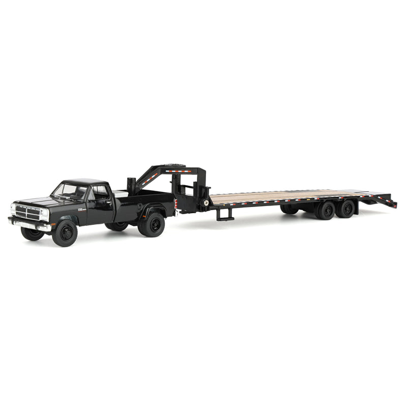 1/64 1993 Black Dodge Ram W-350 Dually Pickup Truck with Toolbox & Black Gooseneck Flatbed Trailer, OBT Exclusive