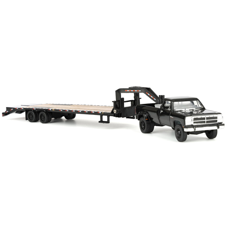 1/64 1993 Black Dodge Ram W-350 Dually Pickup Truck with Toolbox & Black Gooseneck Flatbed Trailer, OBT Exclusive