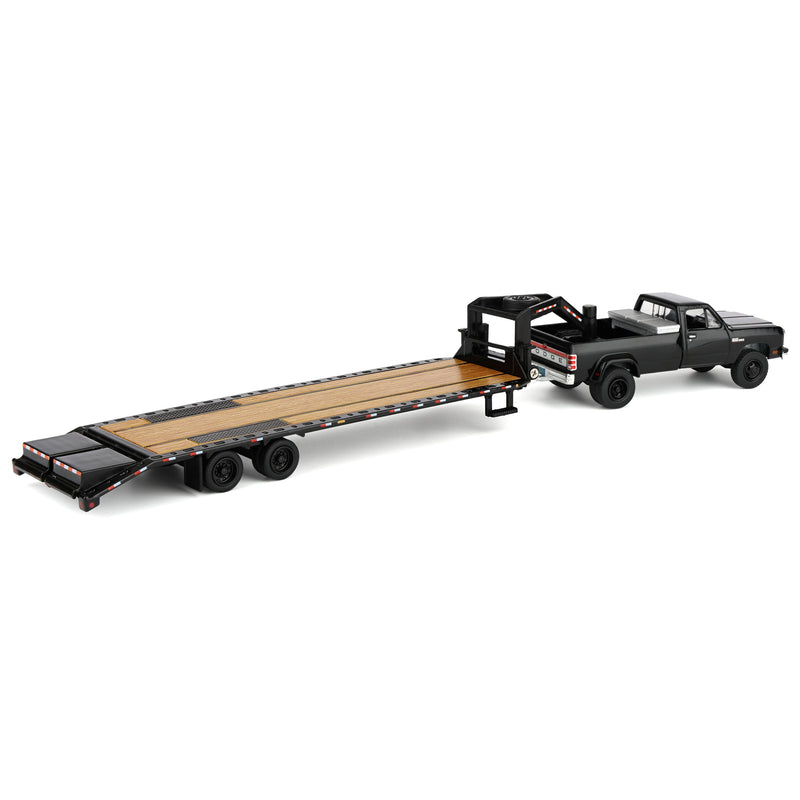1/64 1993 Black Dodge Ram W-350 Dually Pickup Truck with Toolbox & Black Gooseneck Flatbed Trailer, OBT Exclusive
