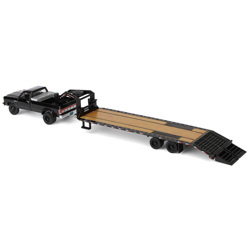 1/64 1993 Black Dodge Ram W-350 Dually Pickup Truck with Toolbox & Black Gooseneck Flatbed Trailer, OBT Exclusive