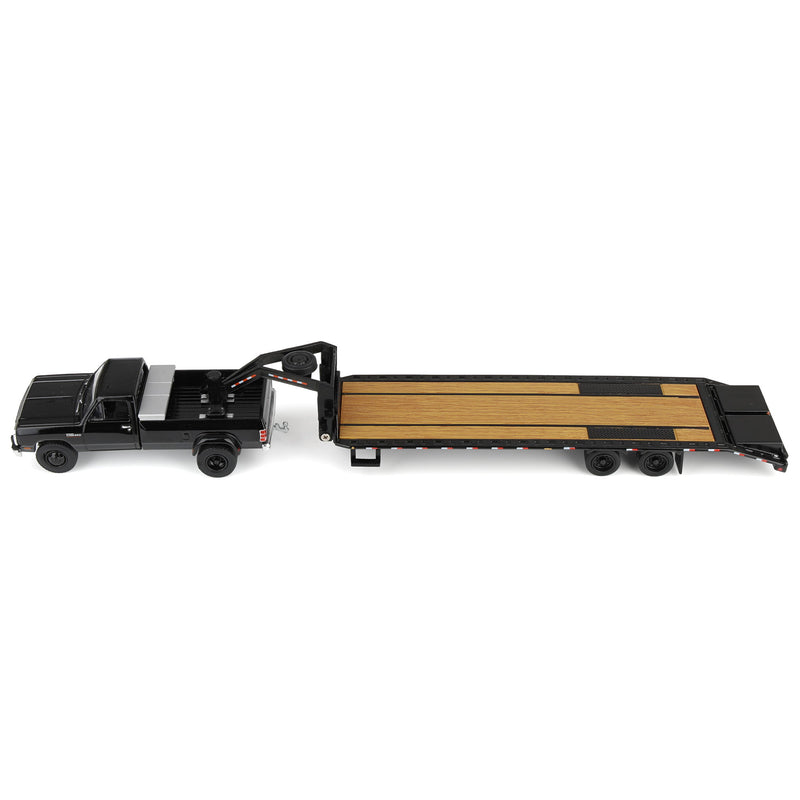 1/64 1993 Black Dodge Ram W-350 Dually Pickup Truck with Toolbox & Black Gooseneck Flatbed Trailer, OBT Exclusive