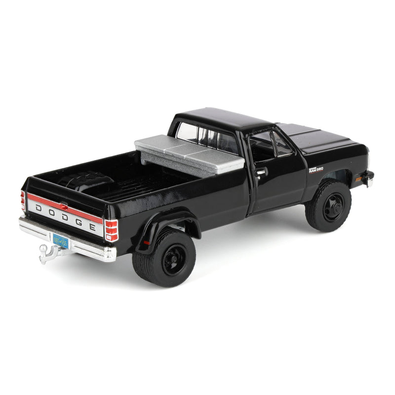 1/64 1993 Black Dodge Ram W-350 Dually Pickup Truck with Toolbox & Black Gooseneck Flatbed Trailer, OBT Exclusive