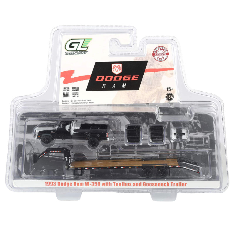 1/64 1993 Black Dodge Ram W-350 Dually Pickup Truck with Toolbox & Black Gooseneck Flatbed Trailer, OBT Exclusive