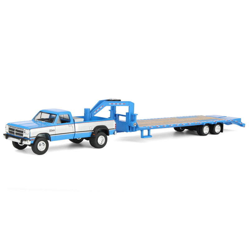1/64 1993 Blue, Silver & Red Dodge Ram W-350 Dually Pickup Truck with Toolbox & Blue Gooseneck Flatbed Trailer, OBT Exclusive