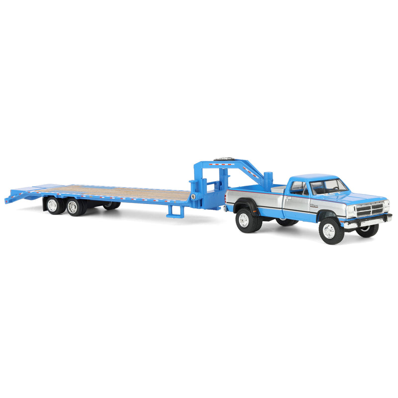 1/64 1993 Blue, Silver & Red Dodge Ram W-350 Dually Pickup Truck with Toolbox & Blue Gooseneck Flatbed Trailer, OBT Exclusive