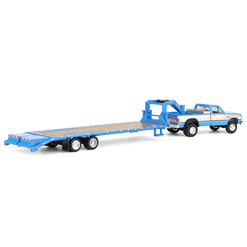 1/64 1993 Blue, Silver & Red Dodge Ram W-350 Dually Pickup Truck with Toolbox & Blue Gooseneck Flatbed Trailer, OBT Exclusive