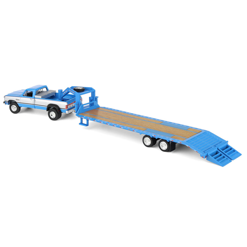 1/64 1993 Blue, Silver & Red Dodge Ram W-350 Dually Pickup Truck with Toolbox & Blue Gooseneck Flatbed Trailer, OBT Exclusive