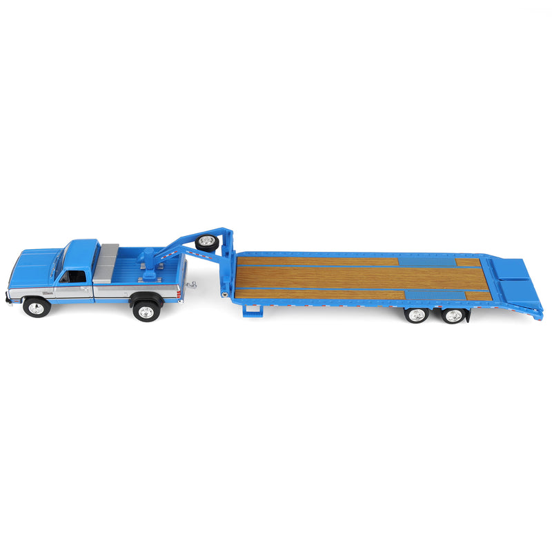 1/64 1993 Blue, Silver & Red Dodge Ram W-350 Dually Pickup Truck with Toolbox & Blue Gooseneck Flatbed Trailer, OBT Exclusive