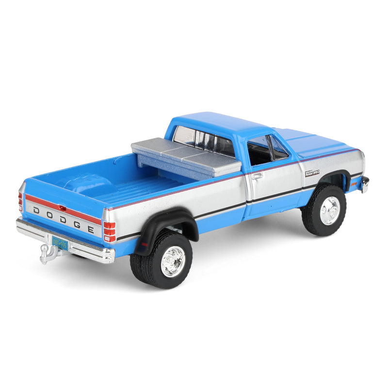 1/64 1993 Blue, Silver & Red Dodge Ram W-350 Dually Pickup Truck with Toolbox & Blue Gooseneck Flatbed Trailer, OBT Exclusive