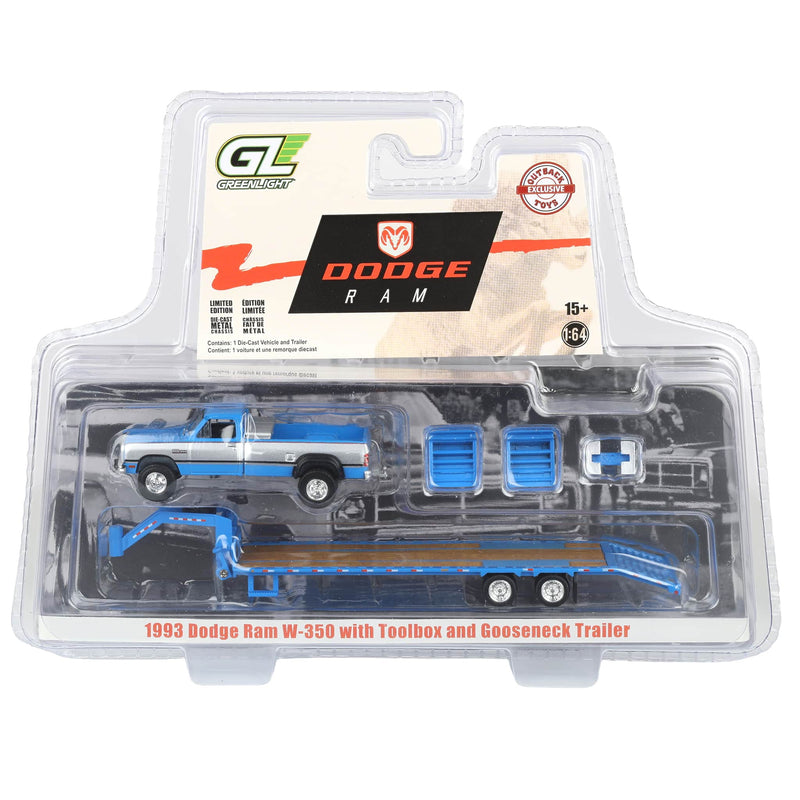 1/64 1993 Blue, Silver & Red Dodge Ram W-350 Dually Pickup Truck with Toolbox & Blue Gooseneck Flatbed Trailer, OBT Exclusive