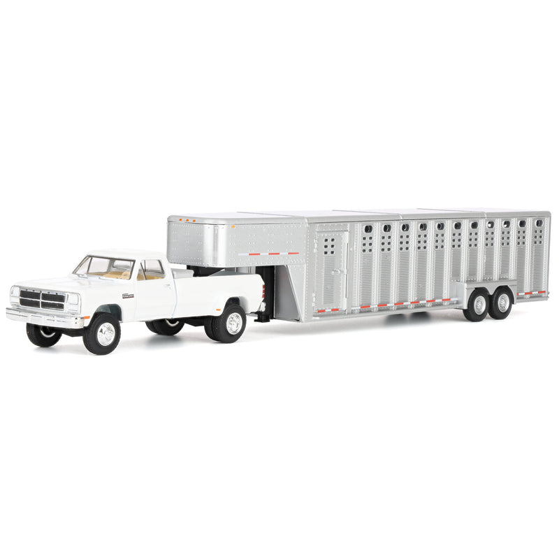 1/64 1993 White Dodge Ram W-350 Pickup Truck with Toolbox & Silver Vertical 3-Hole Livestock Trailer, OBT Exclusive