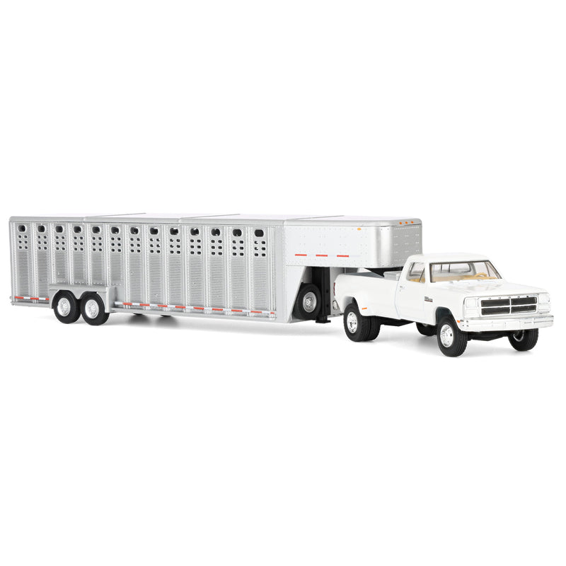 1/64 1993 White Dodge Ram W-350 Pickup Truck with Toolbox & Silver Vertical 3-Hole Livestock Trailer, OBT Exclusive