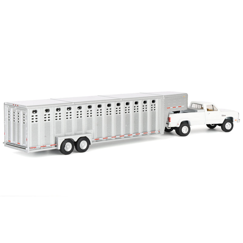 1/64 1993 White Dodge Ram W-350 Pickup Truck with Toolbox & Silver Vertical 3-Hole Livestock Trailer, OBT Exclusive