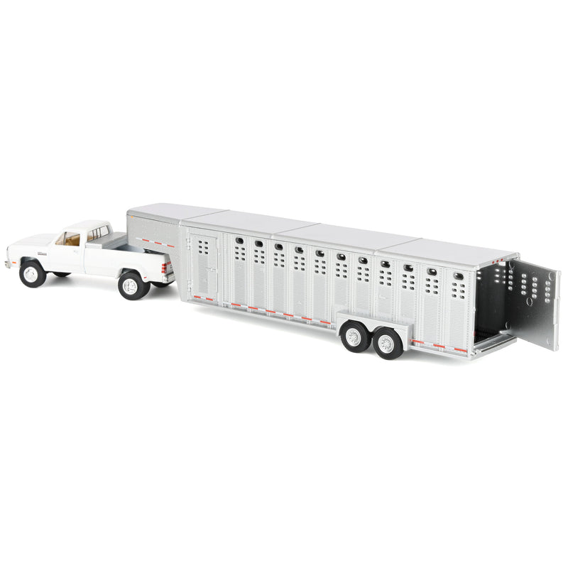 1/64 1993 White Dodge Ram W-350 Pickup Truck with Toolbox & Silver Vertical 3-Hole Livestock Trailer, OBT Exclusive