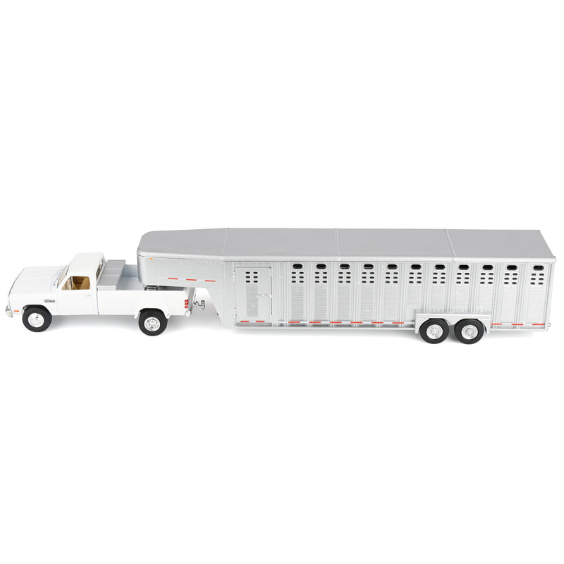 1/64 1993 White Dodge Ram W-350 Pickup Truck with Toolbox & Silver Vertical 3-Hole Livestock Trailer, OBT Exclusive