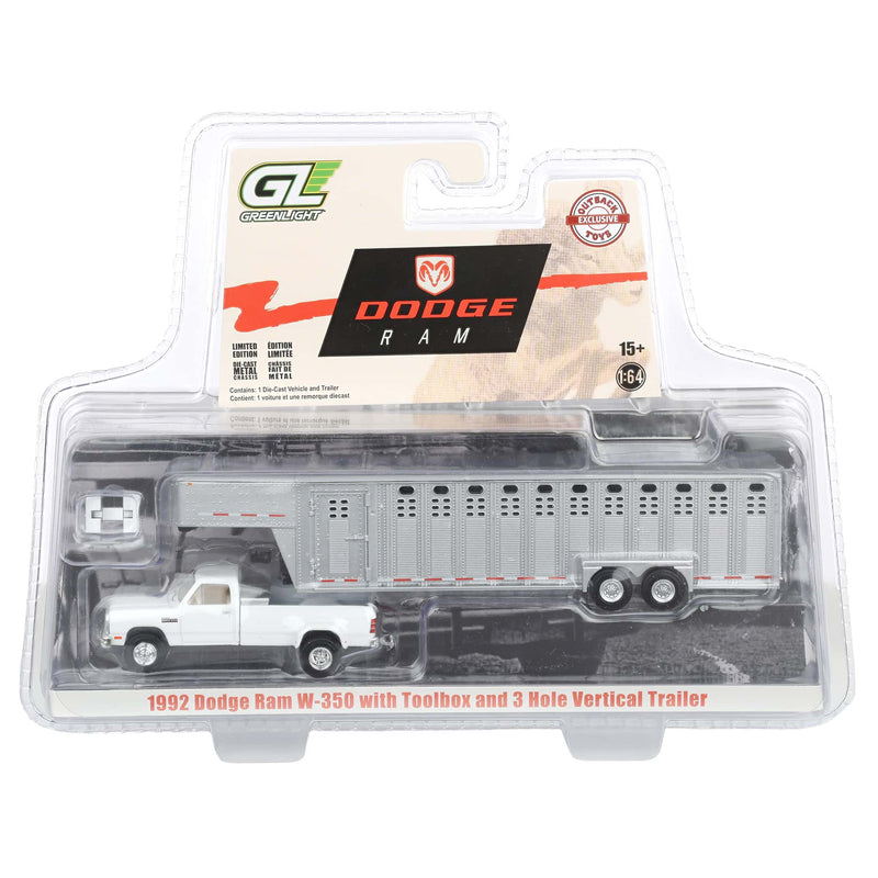 1/64 1993 White Dodge Ram W-350 Pickup Truck with Toolbox & Silver Vertical 3-Hole Livestock Trailer, OBT Exclusive
