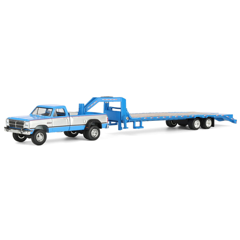1/64 1993 Blue, Silver & Red Dodge Ram W-350 Dually with Toolbox & Blue Gooseneck Flatbed Trailer, OBT Exclusive