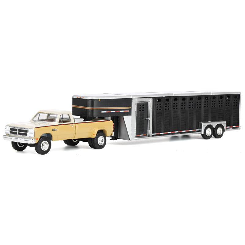 1/64 1993 Tan & Cream Dodge Ram W-350 Dually Pickup Truck with Toolbox & Black Gooseneck Livestock Trailer, OBT Exclusive