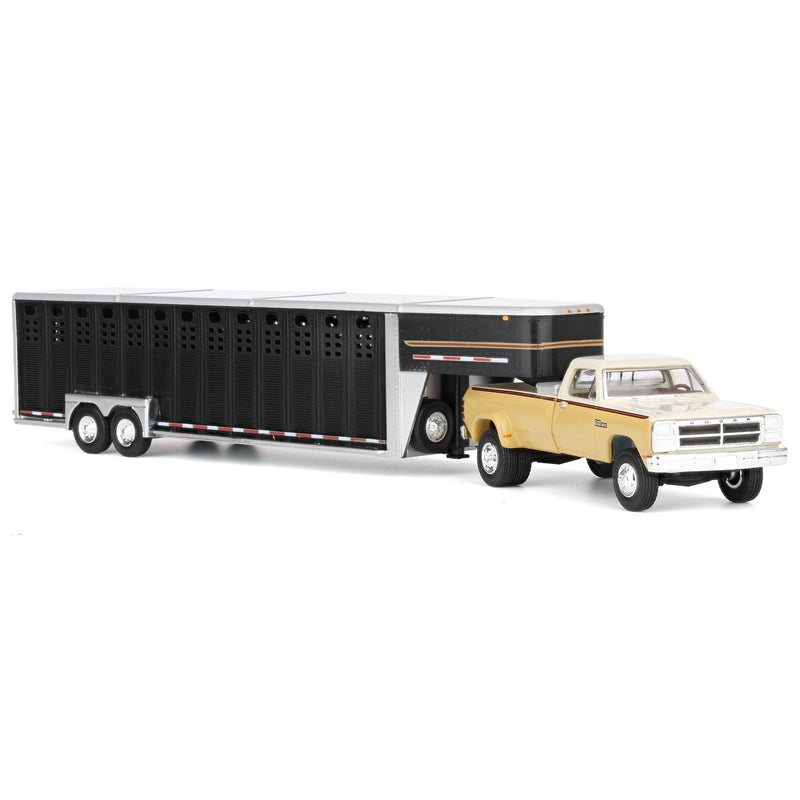 1/64 1993 Tan & Cream Dodge Ram W-350 Dually Pickup Truck with Toolbox & Black Gooseneck Livestock Trailer, OBT Exclusive
