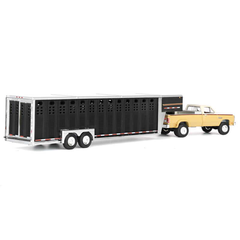 1/64 1993 Tan & Cream Dodge Ram W-350 Dually Pickup Truck with Toolbox & Black Gooseneck Livestock Trailer, OBT Exclusive