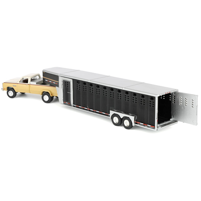 1/64 1993 Tan & Cream Dodge Ram W-350 Dually Pickup Truck with Toolbox & Black Gooseneck Livestock Trailer, OBT Exclusive
