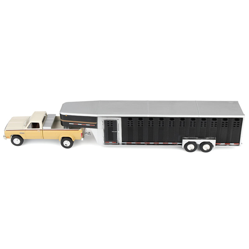 1/64 1993 Tan & Cream Dodge Ram W-350 Dually Pickup Truck with Toolbox & Black Gooseneck Livestock Trailer, OBT Exclusive