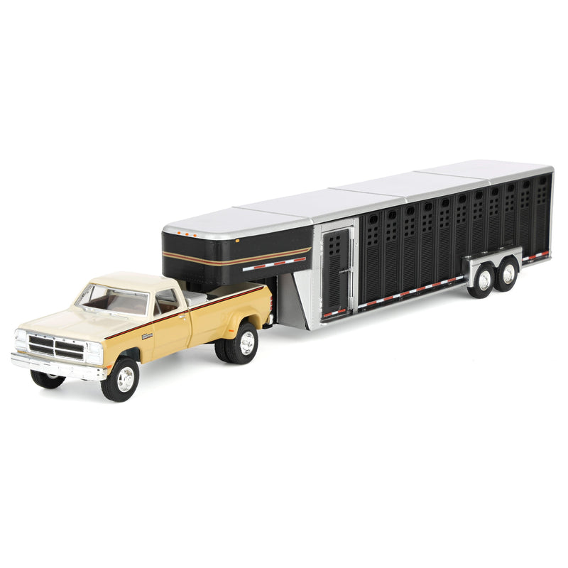 1/64 1993 Tan & Cream Dodge Ram W-350 Dually Pickup Truck with Toolbox & Black Gooseneck Livestock Trailer, OBT Exclusive