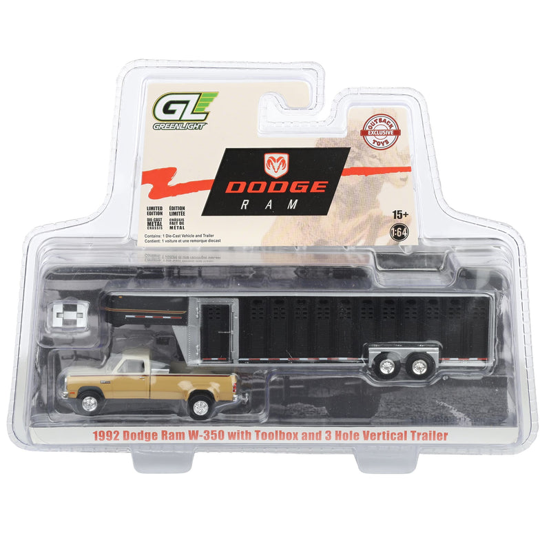1/64 1993 Tan & Cream Dodge Ram W-350 Dually Pickup Truck with Toolbox & Black Gooseneck Livestock Trailer, OBT Exclusive