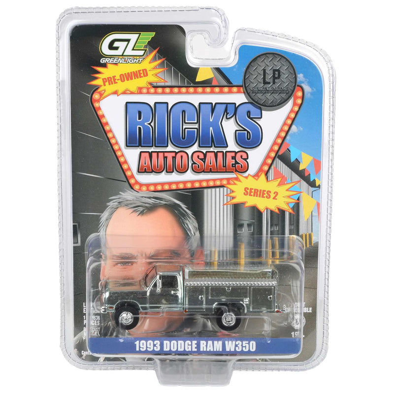 Silver Chrome Chase Unit ~ 1/64 1993 Dodge Ram 350 Pickup Truck with Service Bed, Rick's Auto Sales Series 2 by GreenLight Collectibles