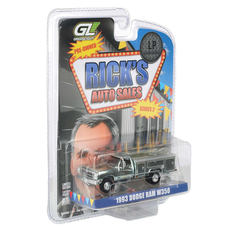 Silver Chrome Chase Unit ~ 1/64 1993 Dodge Ram 350 Pickup Truck with Service Bed, Rick's Auto Sales Series 2 by GreenLight Collectibles
