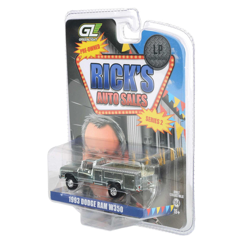 Silver Chrome Chase Unit ~ 1/64 1993 Dodge Ram 350 Pickup Truck with Service Bed, Rick's Auto Sales Series 2 by GreenLight Collectibles