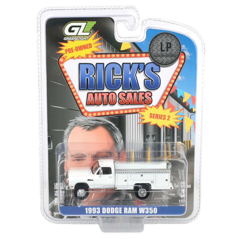 1/64 1993 Dodge Ram 350 Pickup Truck with Service Bed, White, Rick's Auto Sales Series 2 by GreenLight Collectibles