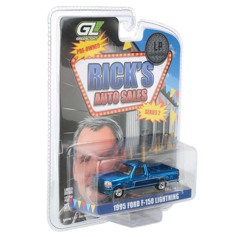 Blue Chrome Chase Unit ~ 1/64 1995 Ford F-150 Lightning Pickup Truck, Rick's Auto Sales Series 2 by GreenLight Collectibles