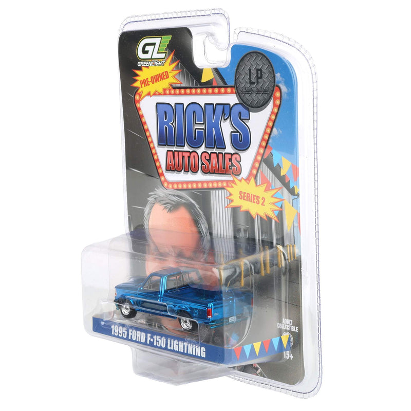 Blue Chrome Chase Unit ~ 1/64 1995 Ford F-150 Lightning Pickup Truck, Rick's Auto Sales Series 2 by GreenLight Collectibles